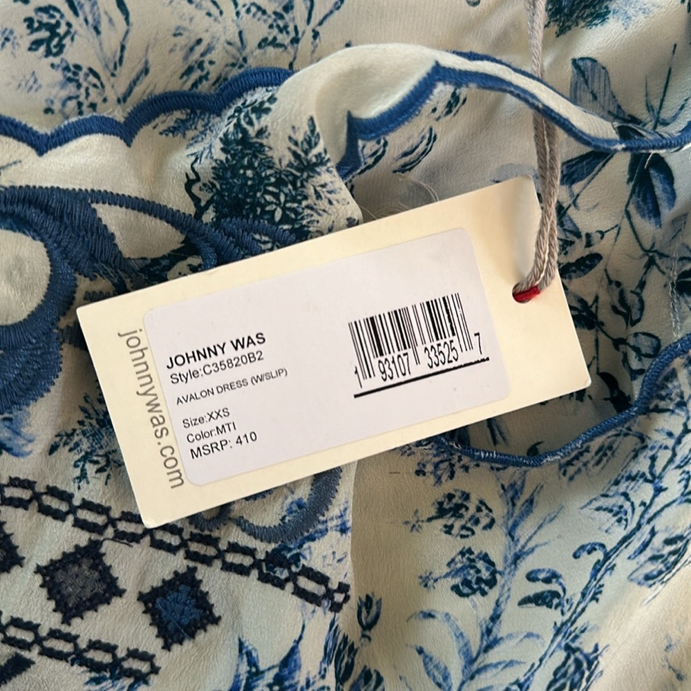 Johnny Was "Avalon Slip Dress" Blue & White Floral 100% Silk MIDI Dress XXS - Picture 13 of 14